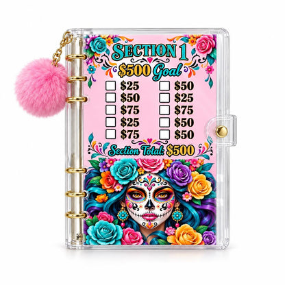 Floral Sugar Skull Savings Binder Bundle, A6 Acrylic with Gold Rings