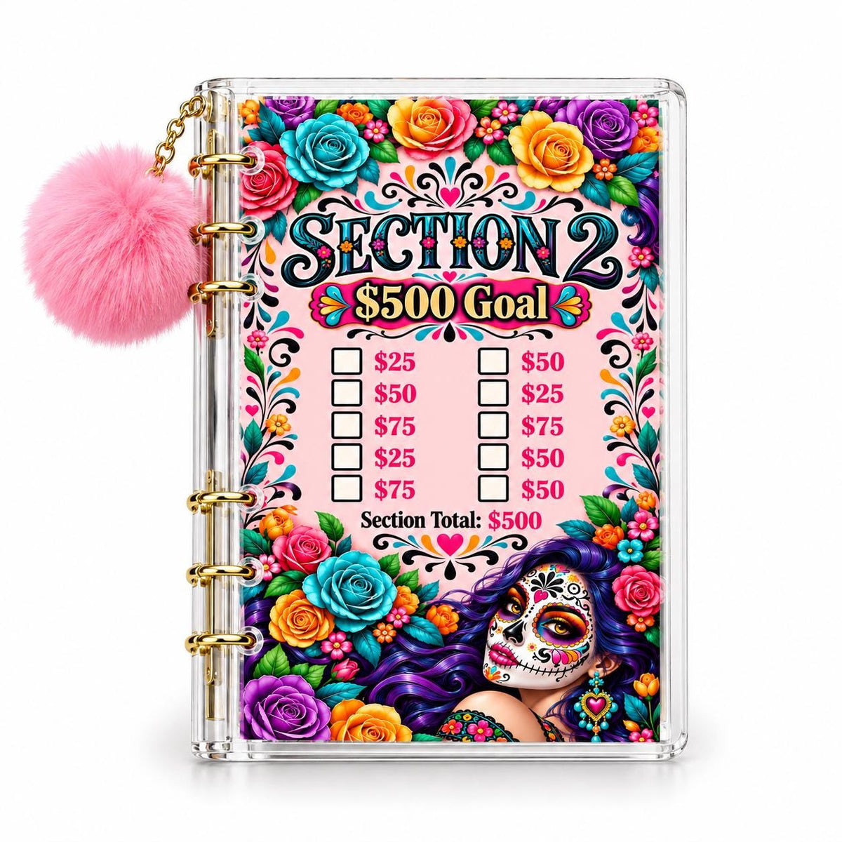 Floral Sugar Skull Savings Binder Bundle, A6 Acrylic with Gold Rings