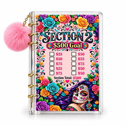 Floral Sugar Skull Savings Binder Bundle, A6 Acrylic with Gold Rings