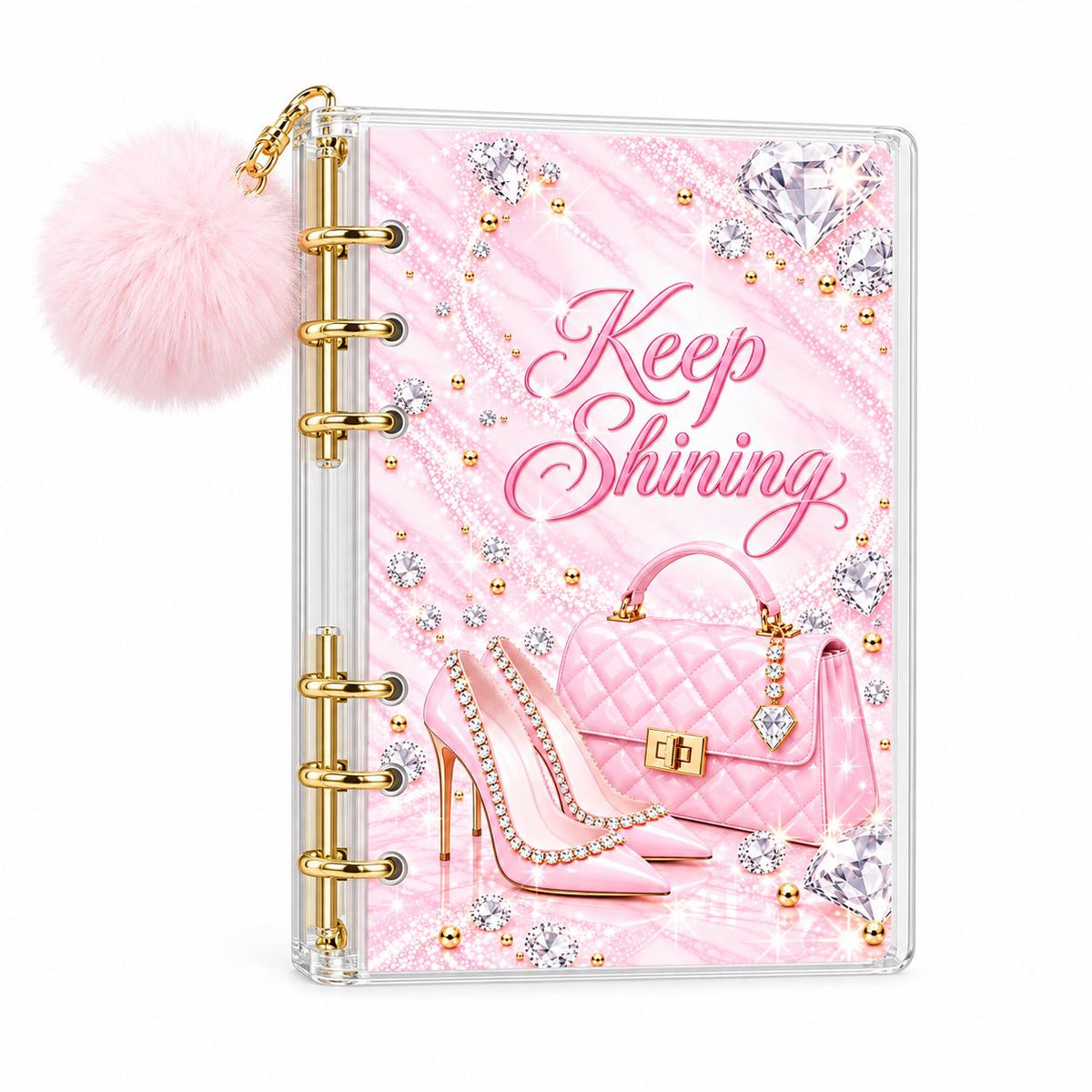 A6 Savings Binder: Light Pink Acrylic with Pom-Pom, Diamond Artwork