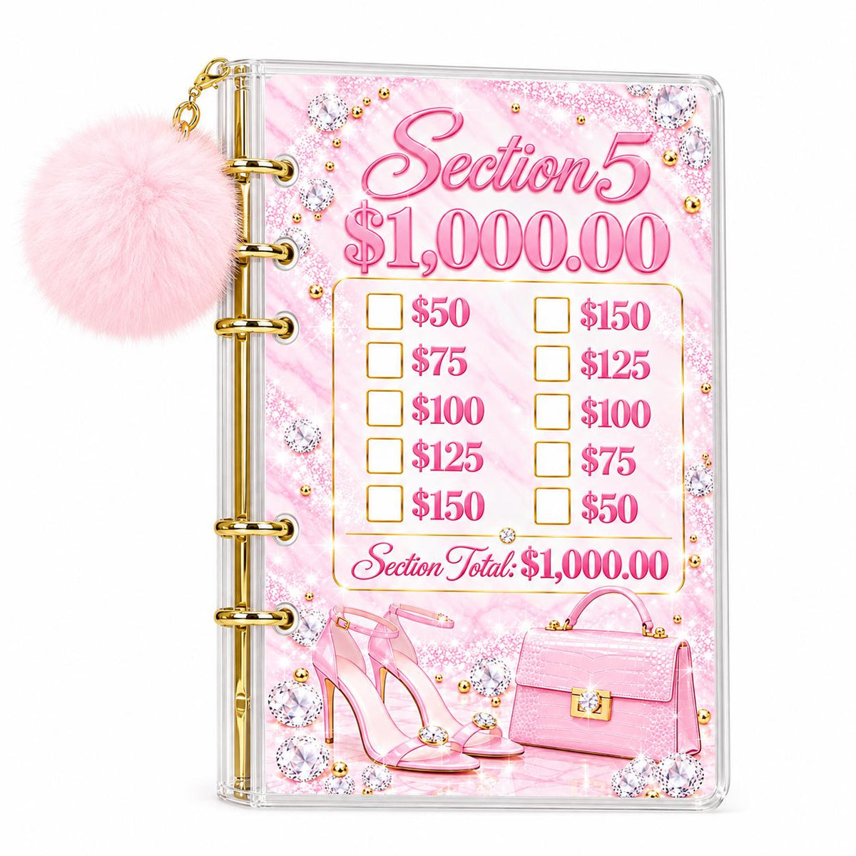A6 Savings Binder: Light Pink Acrylic with Pom-Pom, Diamond Artwork