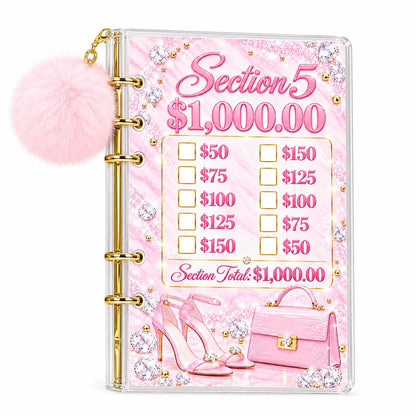 A6 Savings Binder: Light Pink Acrylic with Pom-Pom, Diamond Artwork