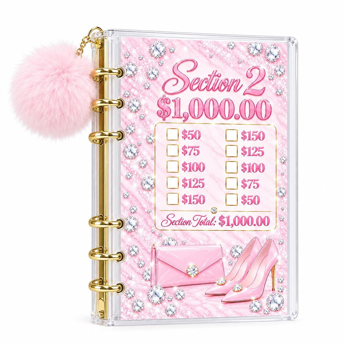 A6 Savings Binder: Light Pink Acrylic with Pom-Pom, Diamond Artwork