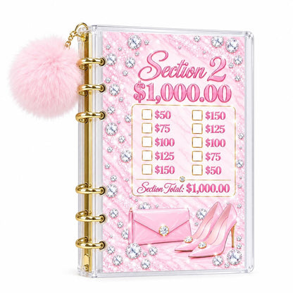 A6 Savings Binder: Light Pink Acrylic with Pom-Pom, Diamond Artwork