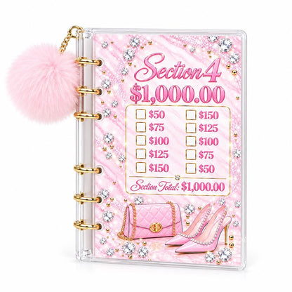 A6 Savings Binder: Light Pink Acrylic with Pom-Pom, Diamond Artwork