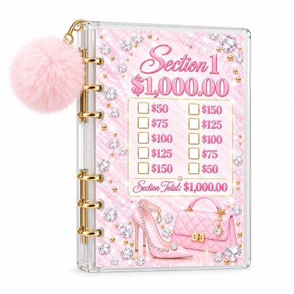 A6 Savings Binder: Light Pink Acrylic with Pom-Pom, Diamond Artwork
