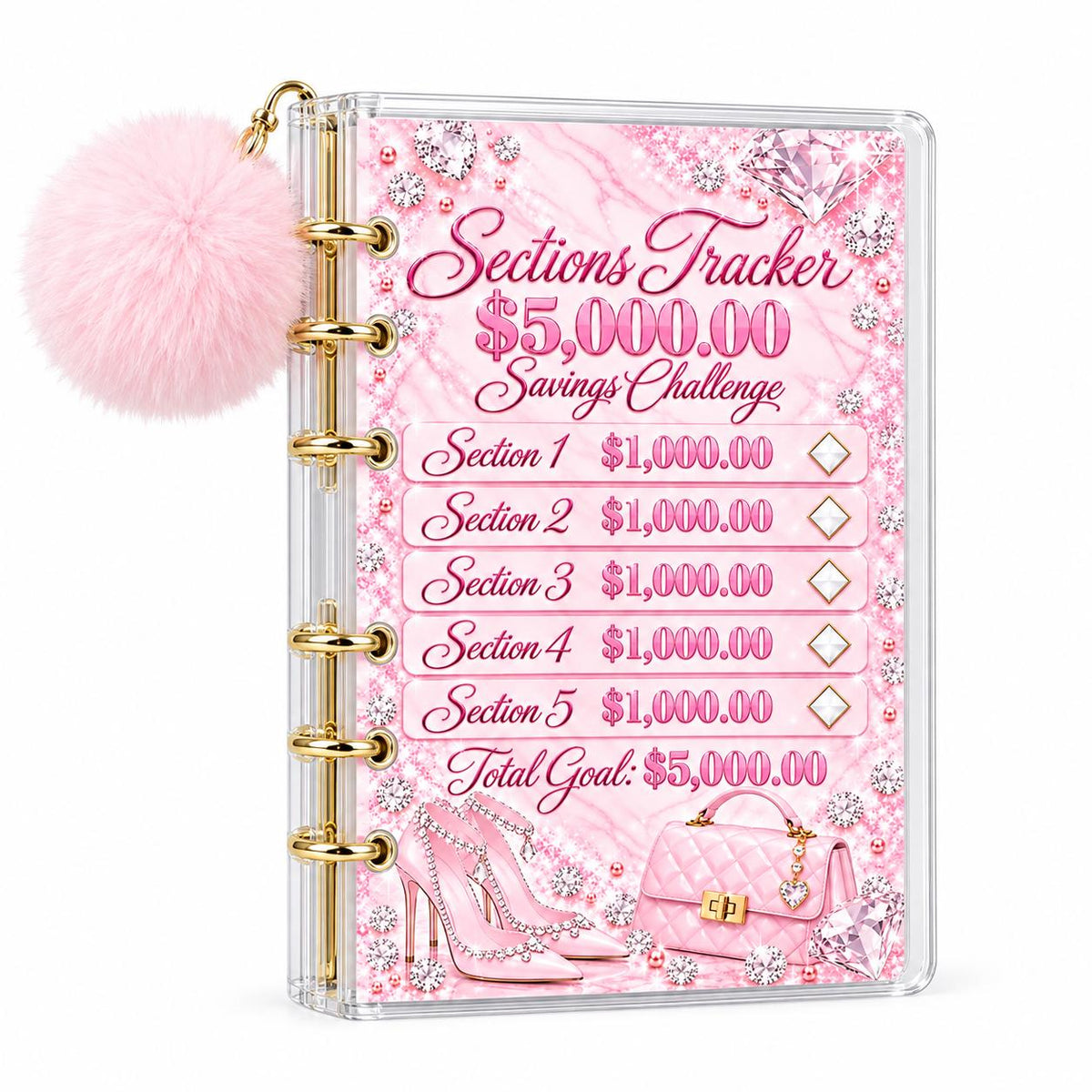 A6 Savings Binder: Light Pink Acrylic with Pom-Pom, Diamond Artwork